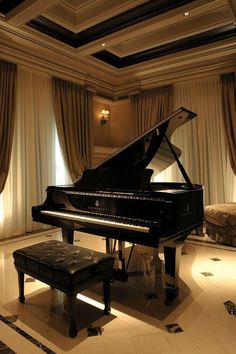 a grand piano sits in the middle of a room