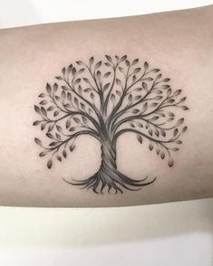 a black and white tree tattoo on the arm