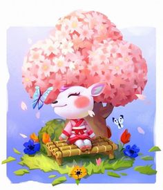 an animal with flowers on its head sitting under a tree