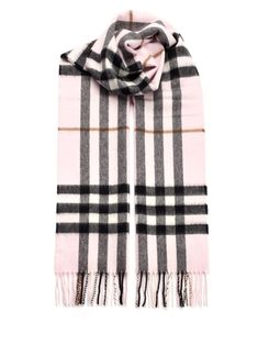 Powder pink cashmere scarf with fringes and tartan pattern from Burberry. Scarf Rose, Edge Scarf, Versace Designer, Burberry Scarf, Unisex Accessories, Long Style, Tartan Pattern, Powder Pink, Designer Style