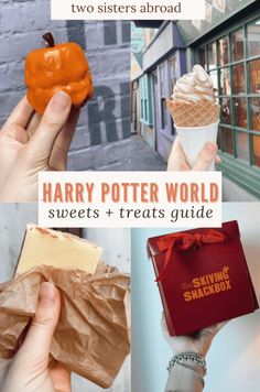 the harry potter world sweets and treats guide is shown in four different pictures with text overlay