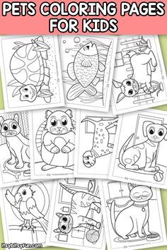 printable coloring pages for kids that include pictures of animals and fish, including the words pets