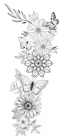 a line drawing of flowers and butterflies