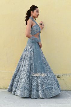 Chamee And Palak | Alice Blue Embroidered Lehenga Set | INDIASPOPUP.COM Chania Choli, Alice Blue, Personal Shopping Service, Geometric Fashion, Blue Lehenga, Halter Bralette, Embroidered Lehenga, Mirror Work, Dream Board