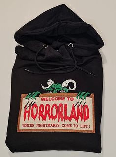 Welcome To Horrorland - Unisex Embroidered Hoodie Black Embroidered Hooded Hoodie, Winter Cotton Hoodie With Embroidered Patch, Winter Hoodie With Embroidered Patch, Casual Hoodie With Embroidered Patch, Hooded Embroidered Sweatshirt For Halloween, Black Embroidered Hoodie, Welcome To Horrorland, Wedding Sweater, Casual Street Wear