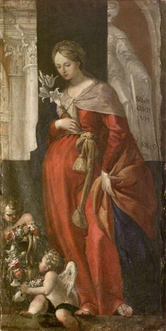 an old painting with a woman in red and blue