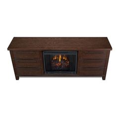 an entertainment center with a fireplace in the middle and two drawers on each side for storage