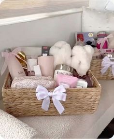 two wicker baskets filled with personal care items