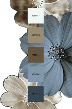 the color scheme is blue, brown and white with some flowers on top of it