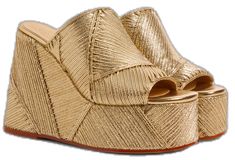 Luxury Gold Wedge Sandals For Spring, Luxury Spring Party Wedge Sandals, Luxury Leather Wedge Sandals For Spring, Spring Gold Leather Wedge Sandals, Luxury Round Toe Spring Mules, Luxury Spring Mules With Round Toe, Luxury Beach Mules For Spring, Collage, Pins