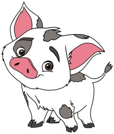 a cartoon pig with pink ears and black spots on it's face, standing in front of a white background