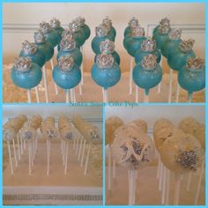 cake pops decorated with blue frosting and silver sugar skulls on top are shown in three different pictures