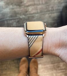 "Luxurious Nova Check plaid on a faux leather Apple Watch band. Classic fashion for your Apple Watch. NOTE ON GOLD APPLE WATCHES. Apple's \"gold\" color is a moving target. The tone changes from year to year. Our Gold buckles and lugs are yellow gold. For the Gold Series 4 Apple Watch, our Rose Gold buckles and lugs look better with a muted, coppery gold. { b a n d * d e t a i l s } Faux Leather Buckle/Lugs in matte finish Underside is gray Fits Series 1, 2, 3, 4, 5, 6 and SE - size selector ref Gray Fits, Burberry Watch, Leather Gifts For Her, Leather Apple Watch Band, Apple Watch Sizes, Gold Apple Watch, Apple Watches, Gold Apple, Style Bathroom