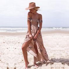 OFF-THE-SHOULDER FLORAL HIGH SLIT MAXI DRESS Floral Chiffon Dress, Mode Boho, Beach Dresses Summer, Short Sleeve Maxi Dresses, Off Shoulder Fashion, Beach Maxi Dress, Maxi Robes, Sleeves Clothing, Style Maxi Dress