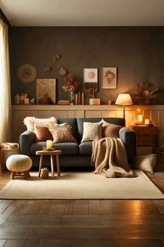 a living room filled with furniture and lots of pillows on top of a rug in front of a window