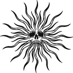 a black and white drawing of a skull with sun rays coming out of it's eyes