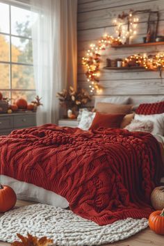 a cozy bedroom decorated for fall with pumpkins on the floor