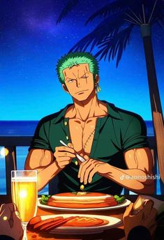 an anime character sitting at a table with food and drinks in front of him,