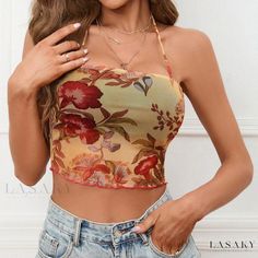 Lasaky - Floral Print Chiffon Tank Top with Sexy Cross Halter Backless Design White Spaghetti Strap Dress, Chiffon Tank Tops, White Spaghetti Strap, Floral Print Crop Top, Cape Style, Floral Print Chiffon, Round Neck Shirt, Beach Skirt, Backless Design