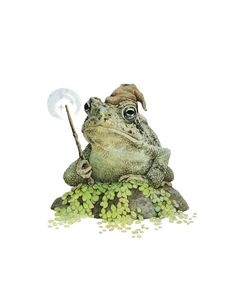 a frog sitting on top of a rock holding a wand