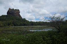 a large rock sitting on top of a lush green hillside