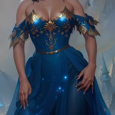 Blue Sorceress Outfit, Blue Dress Aesthetic Royal, Blue And Gold Fantasy Outfit, Blue Fantasy Dresses For Fantasy Events, Royal Dresses Queens Fantasy Blue, Blue Fantasy Dress, Queen Outfits Royal, Queen Outfits