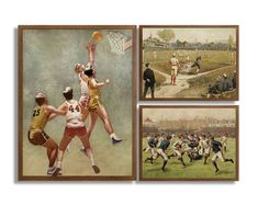 three pictures of men playing basketball on a field