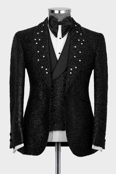 Discover Shiny Black Beaded Shawl Lapel Three Piece Set Chic Prom Menwear with bradymensuit. Shop for a range of Black Shawl collar men's suits for every occasion with rush order service in cheap price. Suit Fashion Men's, Mens Black Vest, Harajuku Jacket, Prom Men, Custom Tuxedo, Prom Suits For Men, Pearls Wedding, Black Shawl, Business Formal Dress