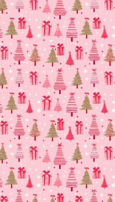 a pink background with christmas trees and presents on it's sides, all in different colors