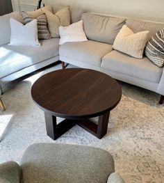 a living room with two couches and a coffee table in the middle of it