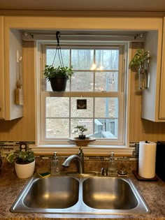 a kitchen sink sitting under a window with potted plants on the windowsill above it