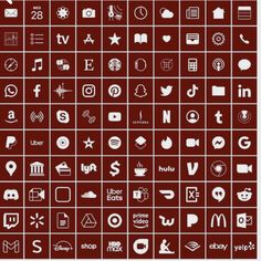 an image of many different types of social media logos and symbols in squares, all white on red