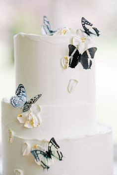 a three layer white cake with butterflies on it