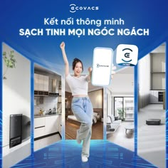 a woman is jumping up in the air with her hand raised and holding an electronic device above her head