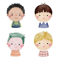 four children's faces with different hair colors and hairstyles on white background