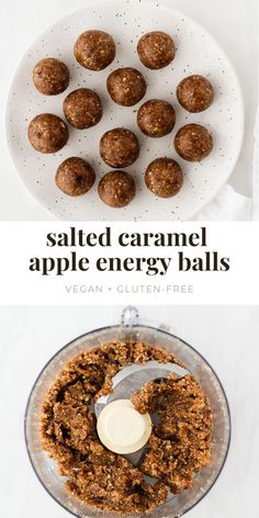 the ingredients for an apple energy ball are in a food processor and on a plate