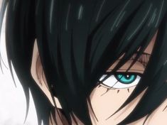 an anime character with black hair and blue eyes