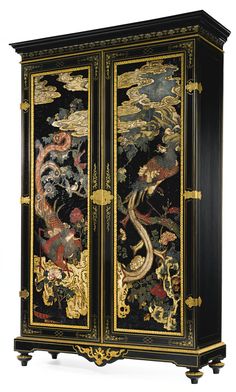 A LOUIS XIV STYLE ORMOLU-MOUNTED AND BRASS INLAID EBONIZED AND CHINESE COROMANDEL ARMOIRE CIRCA 1900, THE COROMANDEL PANELS CIRCA 1700 Chinese Cabinet Living Room, Red Asian Furniture, Chinese Room, Red Chinese Cabinet