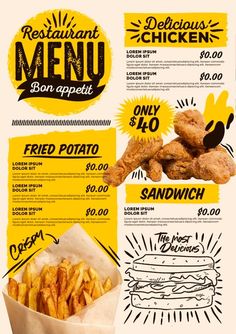 a menu for a restaurant with chicken and french fries on the side, along with other items