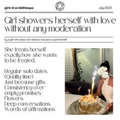 a woman blowing out candles on a cake with the caption girl showerers herself with love without any modernation