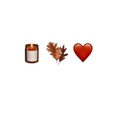 a candle and some leaves are next to each other on a white background with a red heart