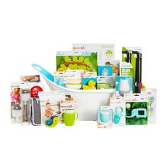 an assortment of children's toys and kitchen items