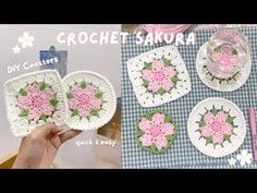 crocheted coasters with flowers on them are shown in two different pictures and one is