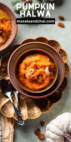 pumpkin halwaa in a bowl with spoons on the side