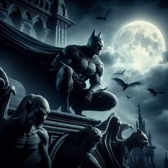 the dark knight is sitting on top of a building with bats flying over him and other creatures surrounding him