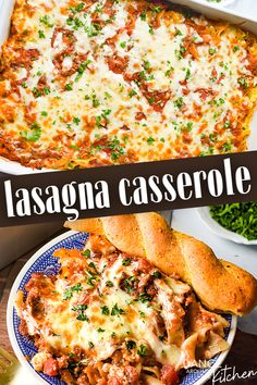 lasagna casserole with meat, cheese and sauce in a blue dish