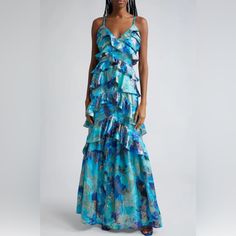 A Glittering Garden Lights Up A Ruffle-Decked Gown Hung From Slender Straps. Surplice V-Neck 71% Viscose, 29% Metallic Fibers Ruffle Gown, Garden Lights, Ramy Brook, Floral Color, Floral Ruffle, Navy Floral, Size 4, Maxi Dress, V Neck