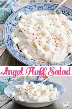 this angel fluff salad has marshmallows and sprinkles on top