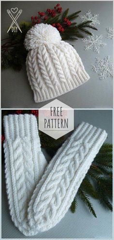 two photos of hats and mittens with text overlay that says free knitting pattern