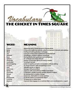 the cricket in times square poster is shown with words and pictures for each word,